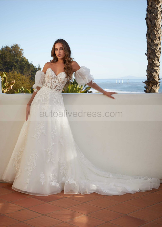 Beaded Ivory Lace Tulle Corset Back Fairytale Wedding Dress